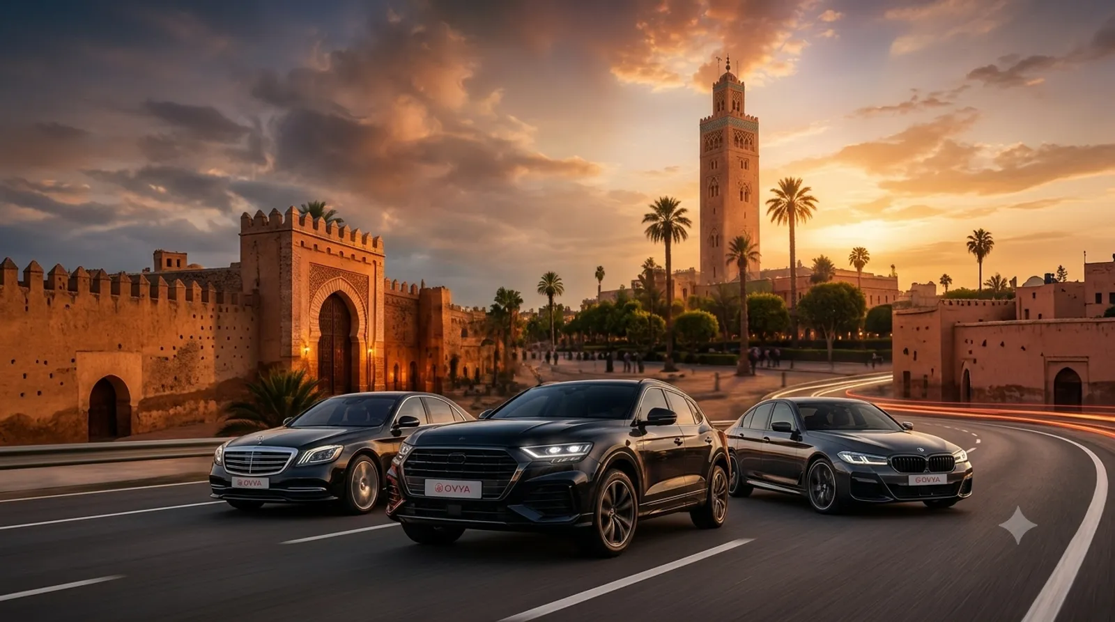 Flotte de véhicules OVYA Rent devant la Koutoubia à Marrakech, au coucher du soleil